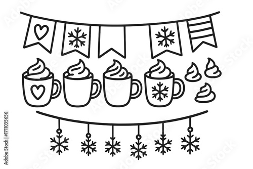 Cocoa Bar Festive Decor. Cocoa bar banner decorations doodle set: hand drawn icons for hanging flags, mugs, swirl toppings, and