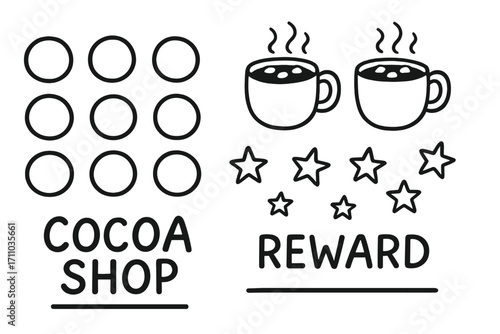 Kids Cocoa Shop Icons. Kids cocoa shop loyalty card doodle set: hand drawn icons for punch circles, mug icons, stars, and reward