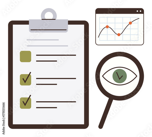 Clipboard with checklist, magnifying glass focusing on an eye icon, upward trend graph. Ideal for productivity, task management, goal tracking, analytics, review, quality control simple flat