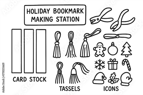 Holiday Bookmark Station. Holiday bookmark making station doodle set: hand drawn icons for card stock strips, hole punchers,