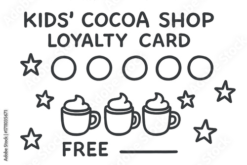 Kids Cocoa Shop Icons. Kids cocoa shop loyalty card doodle set: hand drawn icons for punch circles, mug icons, stars, and reward
