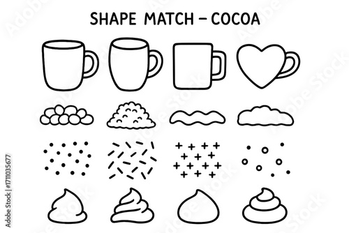 Cocoa Shape Match Doodles. Printable cocoa-themed shape match set doodle set: hand drawn icons for mug shapes, topping outlines,