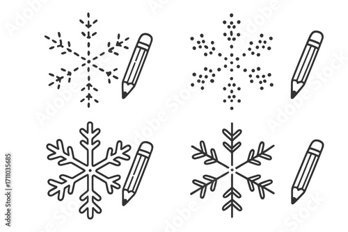 Snowflake Tracing Templates. Snowflake tracing sheet templates doodle set: hand drawn icons for dashed paths, center dots, outline