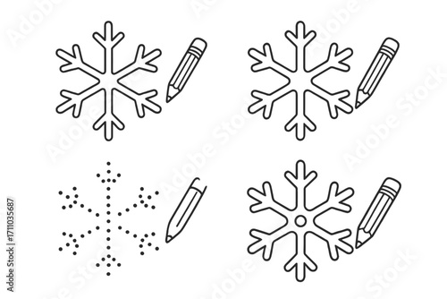 Snowflake Tracing Templates. Snowflake tracing sheet templates doodle set: hand drawn icons for dashed paths, center dots, outline