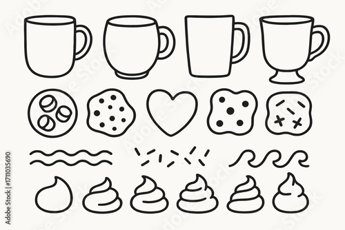 Cocoa Shape Match Doodles. Printable cocoa-themed shape match set doodle set: hand drawn icons for mug shapes, topping outlines,