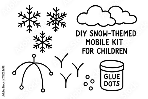 Snow Mobile DIY Kit. DIY snow-themed mobile kit for children doodle set: hand drawn icons for hanging flakes, wire arms, cloud