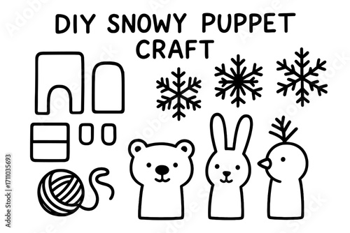 Snowy Puppet Craft. DIY snowy puppet craft for toddlers doodle set: hand drawn icons for finger puppet pieces, flake cutouts,