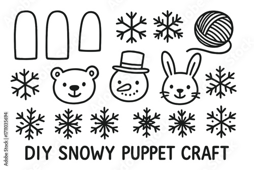 Snowy Puppet Craft. DIY snowy puppet craft for toddlers doodle set: hand drawn icons for finger puppet pieces, flake cutouts,