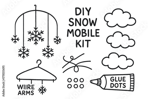 Snow Mobile DIY Kit. DIY snow-themed mobile kit for children doodle set: hand drawn icons for hanging flakes, wire arms, cloud