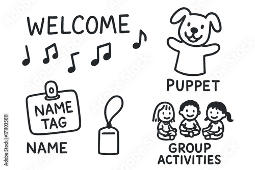 Preschool Circle Icons. Preschool circle time doodle set: hand drawn icons for welcome songs, puppets, name tags, and group