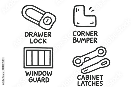 Childproofing Doodle Set. Childproofing the home doodle set: hand drawn icons for drawer locks, corner bumpers, window guards, and