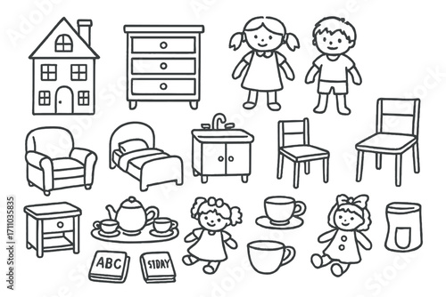 Dollhouse Doodle Set. Dollhouse and pretend play doodle set: hand drawn icons for mini furniture, dolls, tea sets, and tiny books,
