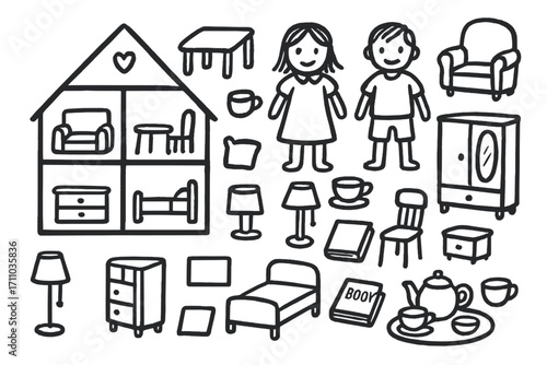 Dollhouse Doodle Set. Dollhouse and pretend play doodle set: hand drawn icons for mini furniture, dolls, tea sets, and tiny books,