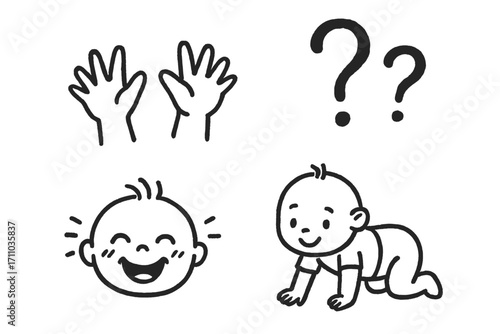 Curious Toddler Doodles. Toddler curiosity icons doodle set: hand drawn icons for reaching hands, question marks, giggles, and