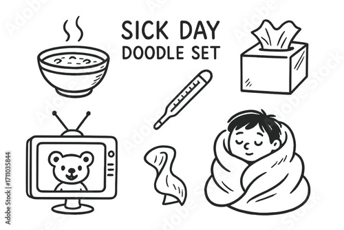 Cozy Sick Day Essentials. Sick day for kids doodle set: hand drawn icons for soup bowl, thermometer, tissues, cartoons, and