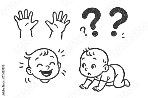 Curious Toddler Doodles. Toddler curiosity icons doodle set: hand drawn icons for reaching hands, question marks, giggles, and
