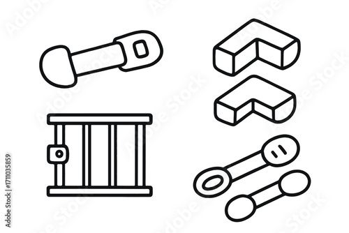 Childproofing Essentials Doodle Set. Childproofing the home doodle set: hand drawn icons for drawer locks, corner bumpers, window