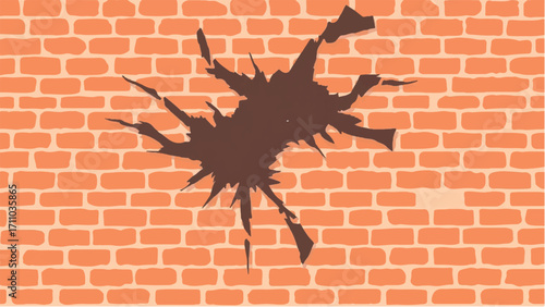 Brick wall background with a large crack. Cracked Brick wall. Damaged Wall Background. Vector illustration.  