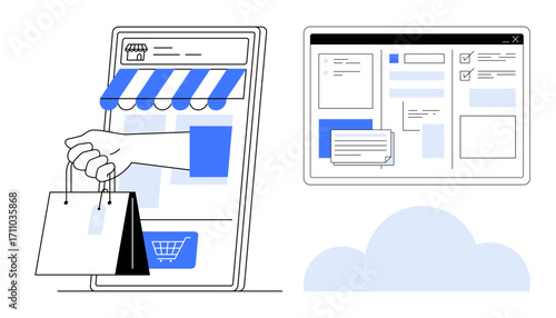 Hand holding shopping bags from mobile store interface and cloud-supported multitasking digital dashboard. Ideal for online shopping, cloud computing, productivity, remote work, commerce, technology