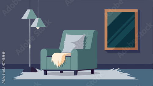 A living room with a comfortable armchair a faux fur throw and a floor lamp with a metallic geometric base.