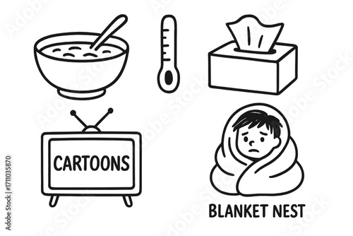 Sick Day Doodle Set. Sick day for kids doodle set: hand drawn icons for soup bowl, thermometer, tissues, cartoons, and blanket