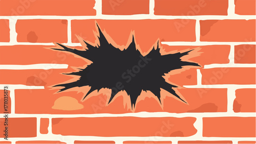 Brick wall background with a large crack. Cracked Brick wall. Damaged Wall Background. Vector illustration.