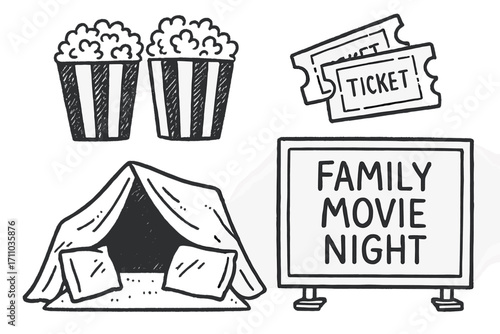 Family Movie Night Doodles. Family movie night doodle set: hand drawn icons for popcorn bowls, tickets, blanket forts, and movie