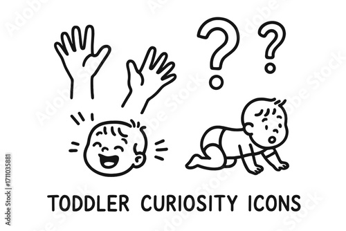 Toddler Curiosity Doodle Icons. Toddler curiosity icons doodle set: hand drawn icons for reaching hands, question marks, giggles,