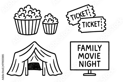 Family Movie Doodle Set. Family movie night doodle set: hand drawn icons for popcorn bowls, tickets, blanket forts, and movie