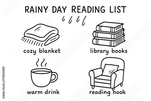 Cozy Reading Doodles. Rainy day reading list doodle set: hand drawn icons for cozy blanket, library book pile, warm drink, and