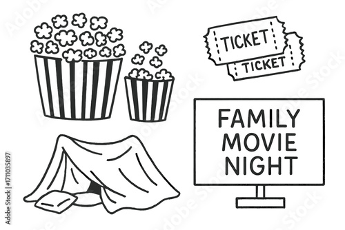 Family Movie Doodle Set. Family movie night doodle set: hand drawn icons for popcorn bowls, tickets, blanket forts, and movie