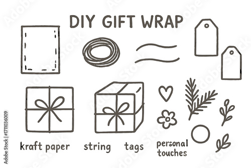 DIY Gift Wrap Doodles. DIY gift wrap doodle set: hand drawn icons for kraft paper, string, tags, and personal touches, isolated