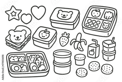 Kids Lunch Doodle Set. Kids lunch doodle set: hand drawn icons for sandwich cutters, snack containers, and bento boxes, isolated