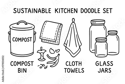 Sustainable Kitchen Icons. Sustainable kitchen doodle set: hand drawn icons for compost bins, cloth towels, and glass jars,