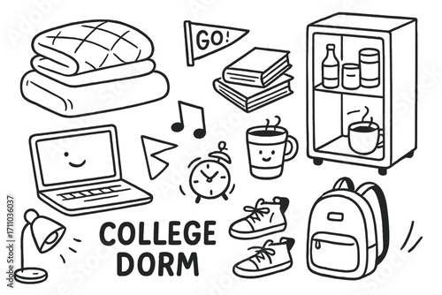 Dorm Life Essentials. College dorm doodle set: hand drawn icons for bedding, mini fridge, books, and student life, isolated