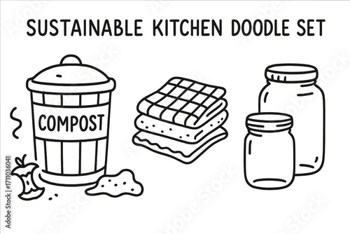 Sustainable Kitchen Icons. Sustainable kitchen doodle set: hand drawn icons for compost bins, cloth towels, and glass jars,