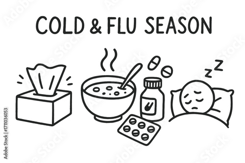 Cold Season Essentials. Cold & flu season doodle set: hand drawn icons for tissues, soup, medicine, and rest items, isolated