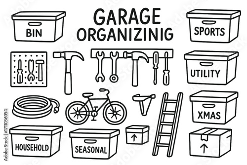 Garage Organization Doodles. Garage organizing doodle set: hand drawn icons for labeled bins, tool racks, and seasonal storage,