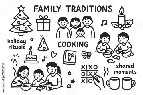 Family Traditions Icons. Family traditions doodle set: hand drawn icons for holiday rituals, cooking, games, and shared moments,
