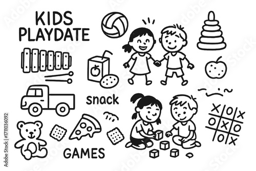 Playdate Doodle Set. Kids playdate doodle set: hand drawn icons for toys, snacks, games, and shared fun, isolated transparent