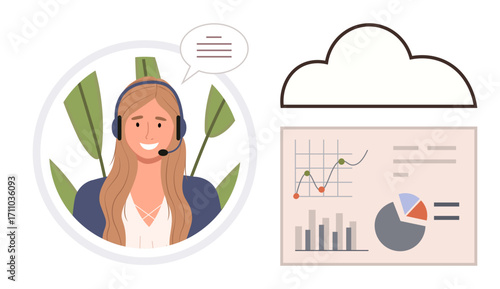 Female customer service agent wearing a headset, speech bubble, bar and pie charts, line graph, cloud above. Ideal for online assistance, communication, data analysis, teamwork networking customer