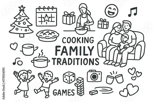 Family Traditions Icons. Family traditions doodle set: hand drawn icons for holiday rituals, cooking, games, and shared moments,