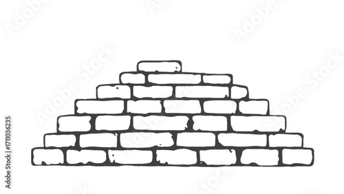A black and white, hand-drawn illustration of a stack of bricks on a white background. Brick wall. A stack of bricks.	