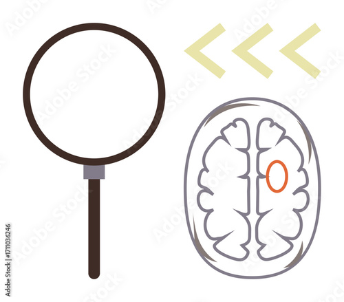 Magnifying glass examining human brain with focus area marked yellow arrows for analysis flow. Ideal for neuroscience, research, problem-solving, mental health, education, focus, psychology. Simple