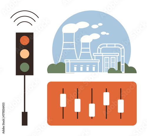 Traffic light, factory with smokestacks, and control panel sliders. Ideal for energy, industry, automation, sustainability, connectivity smart systems pollution monitoring. Simple flat metaphor