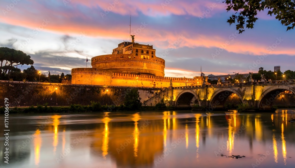 Obraz premium Ancient Roman fortress at sunset reflecting on the river