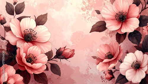 A detailed floral design showcases a profusion of delicate, rosy-pink blossoms, enhanced by rich, dark brown foliage, set against a backdrop of soft, muted pinks and browns.