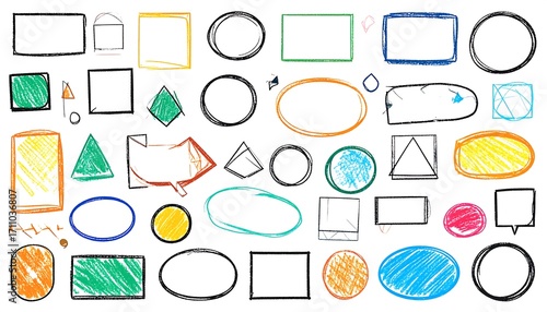 A collection of colorful, hand-drawn geometric shapes, including squares, circles, ovals, and triangles, on a white background.