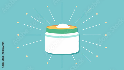 ExosomeInfused Cream An open jar of cream with exosomes illustrated within radiating lines to show their nourishing properties for the skin.