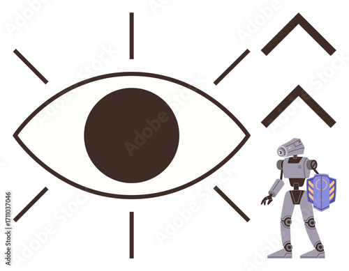 Large abstract eye with bold lines symbolizing vision, accompanied by a futuristic robot holding a shield. Ideal for AI, cybersecurity, technology, innovation, surveillance, robotics, and protection